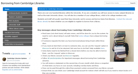Screenshot Libguides Borrowing in Cambridge Libraries, August 2019