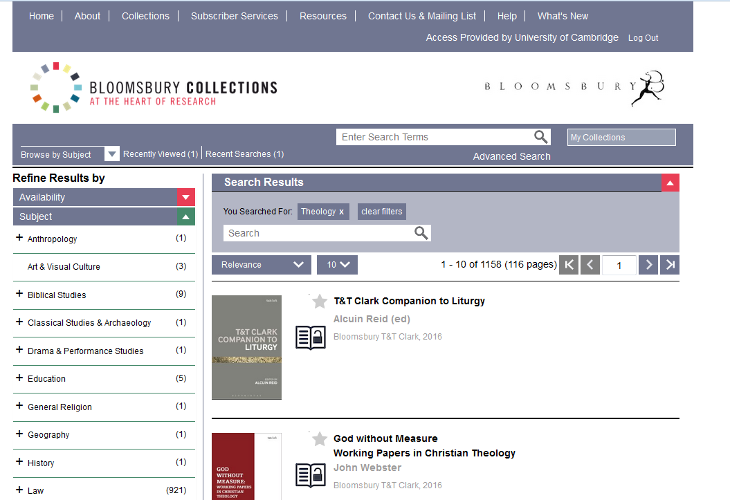 Screenshot of Bloomsbury ebook platform (Trial Oct-Dec 2015) Ebook trial of Bloomsbury Collections (until 10 Dec 2015)