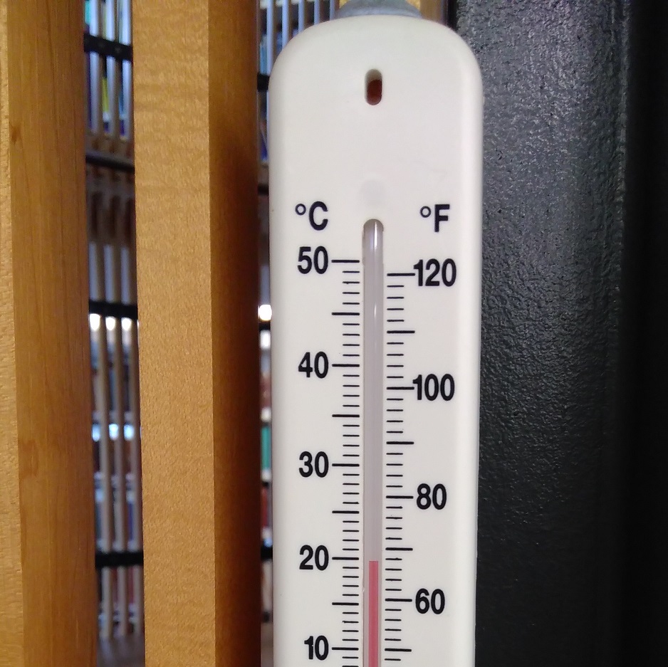 Thermometer in Divinity Faculty Library, showing nearly 20C / 69F!