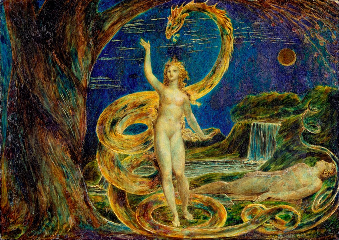 Eve Tempted by the Serpent (William Blake, tempera and gold on copper, 1799-1800, Victoria and Albert Museum, London)