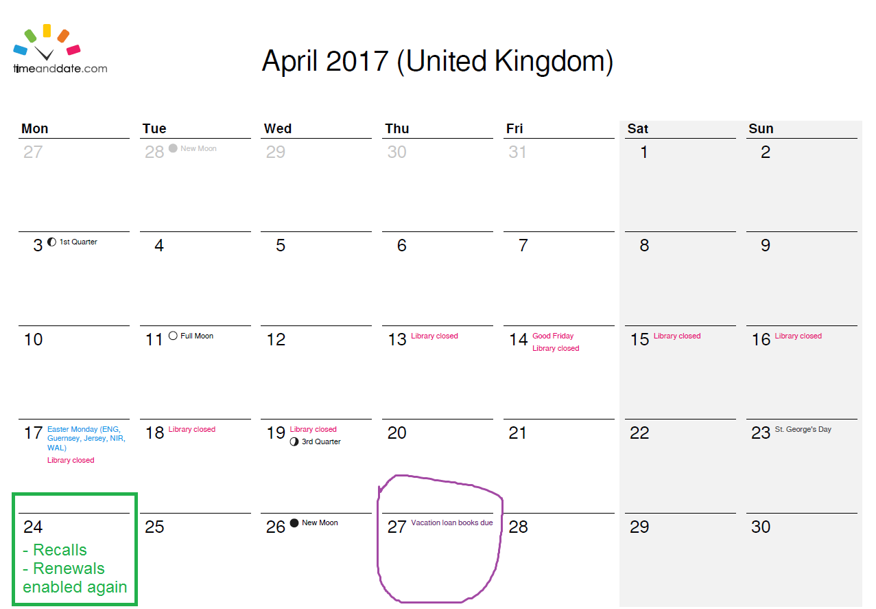 April 2017 calendar, marked up