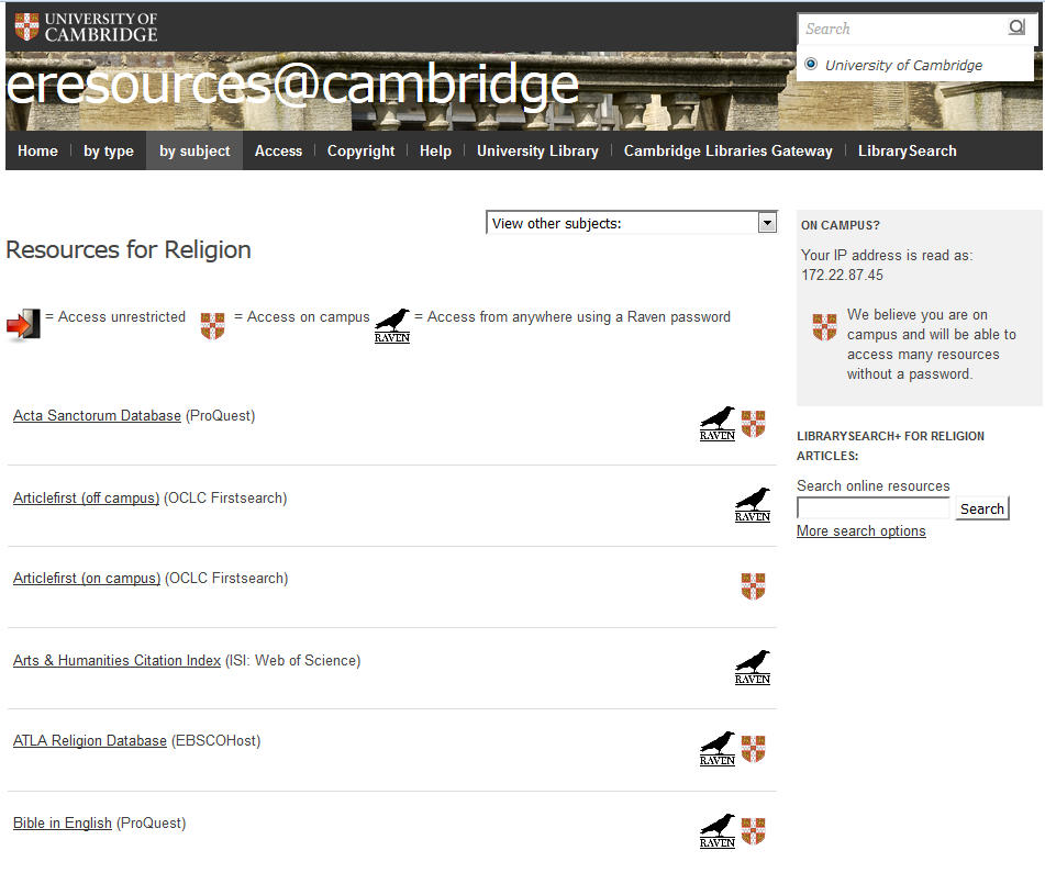 Eresources for religious studies and theology, University of Cambridge