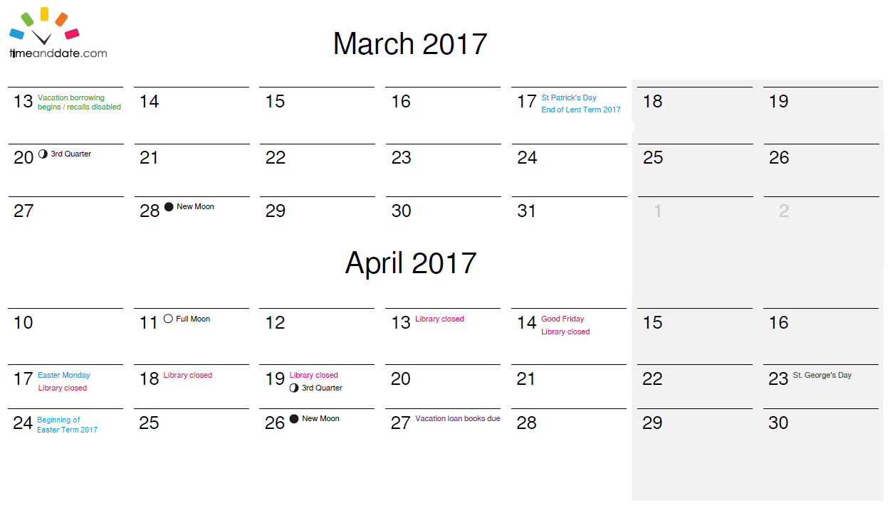 March and April 2017: library dates