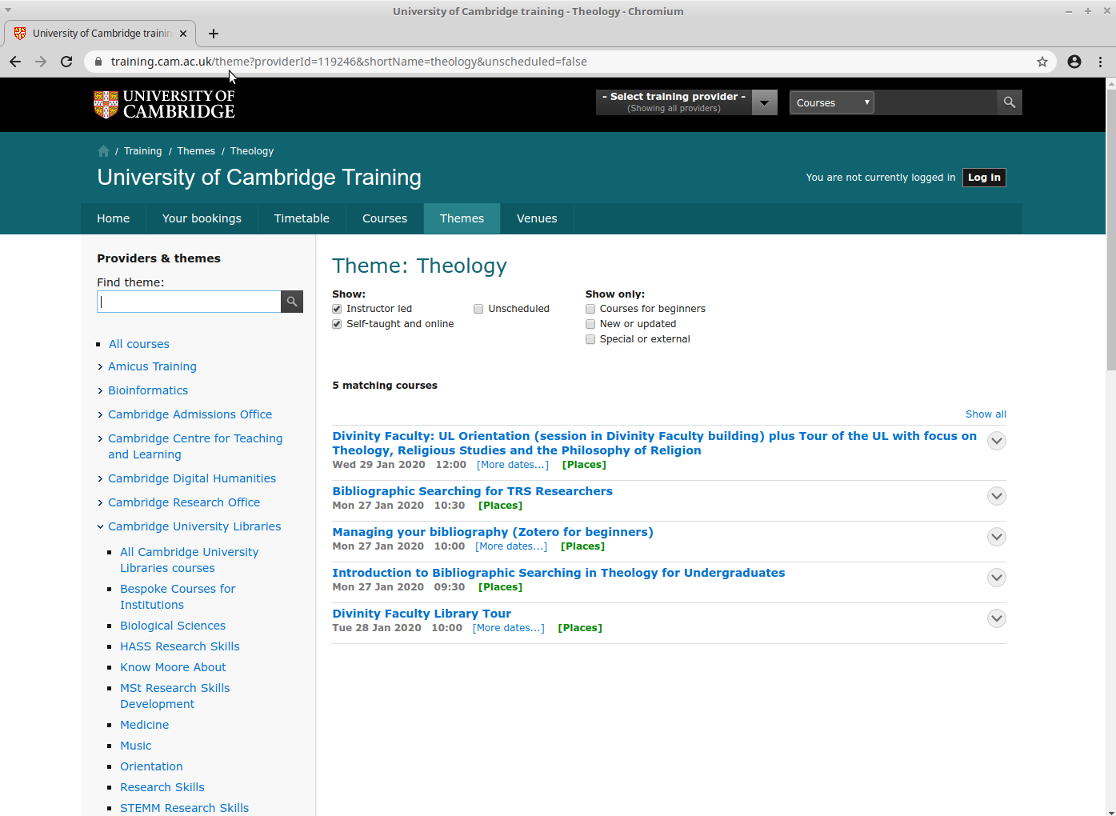 Training.cam.ac.uk with theology sessions; see https://www.training.cam.ac.uk/theme/theology?providerId=119246