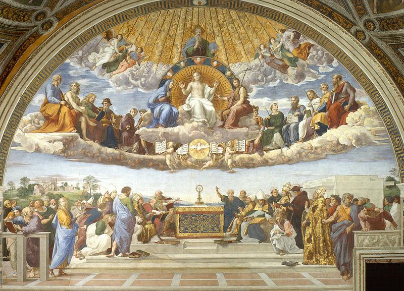 Disputa del Sacramento (Rafael). Musei Vaticani. Source: https://tinyurl.com/4dmywcj5 Licence: Public Domain.